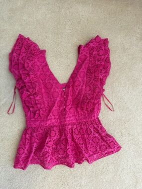 J. Crew Fuchsia Eyelet Lace Ruffle Peplum Top